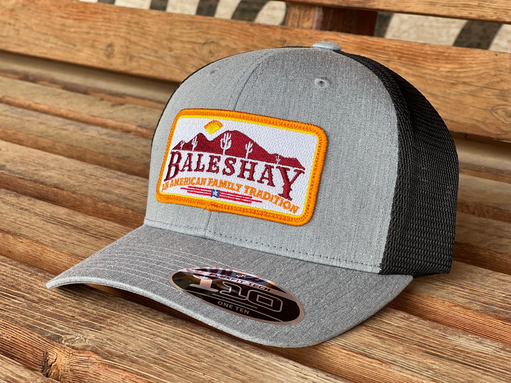 Heather Grey Black Mesh Hat featuring our Bales Hay Patch with the mountain scape of Buckeye Arizona!