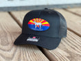 Load image into Gallery viewer, This hat is both well-made and comfortable to wear that features the Arizona flag as the background of our oval patch and a custom stitched Bales quarter horse. 
