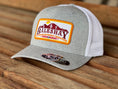 Load image into Gallery viewer, Heather Grey White Mesh Hat featuring our Bales Hay Patch with the mountain scape of Buckeye Arizona!

